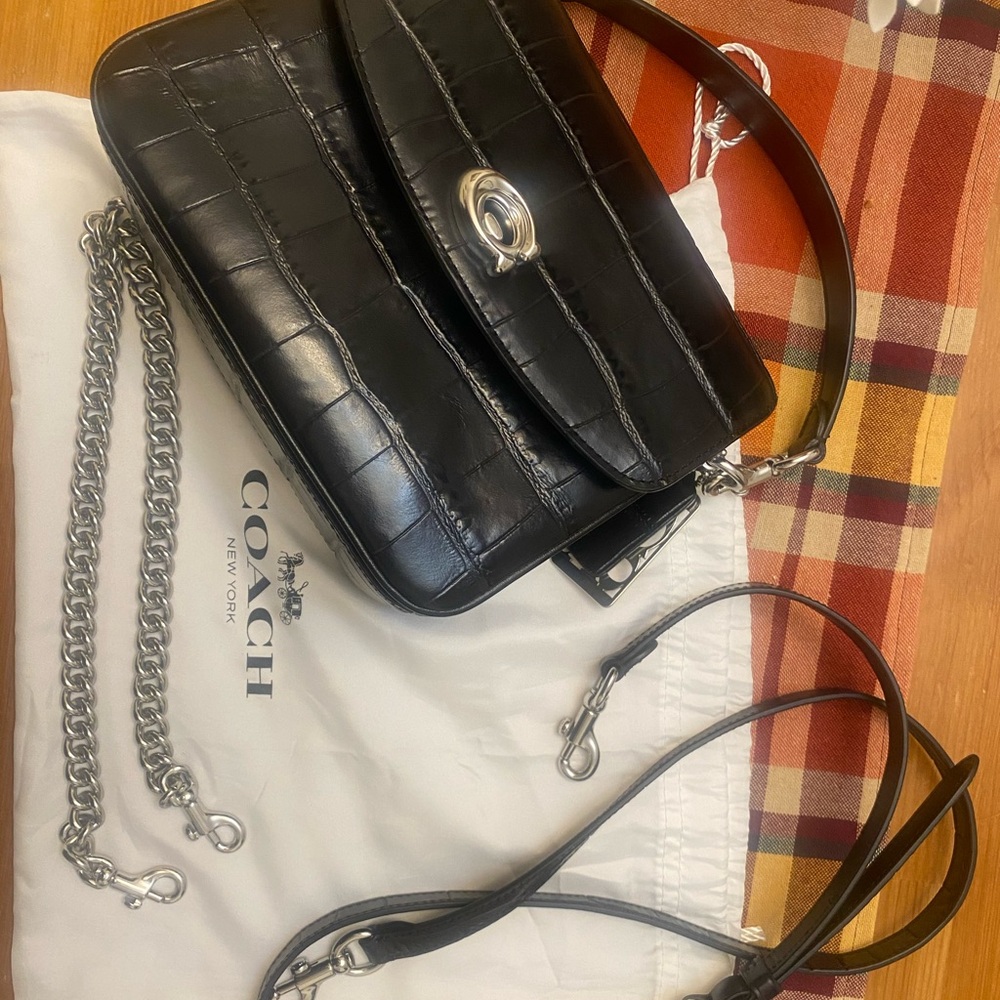 Coach Cassie 19 Black Croc-Embossed Leather Crossbody Bag